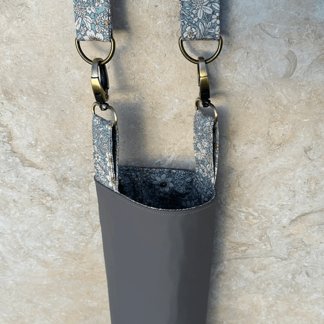 Reusable bottle bags - grey water resistant with flower strap and lining